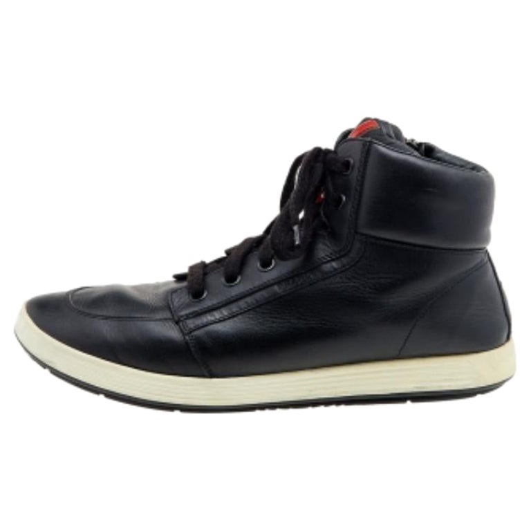 Prada Sport Black Leather High Top Sneakers Size 44 For Sale