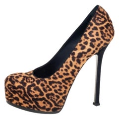 Saint Laurent Brown/Beige Leopard Print Pony Hair Tribtoo Pumps Size 41