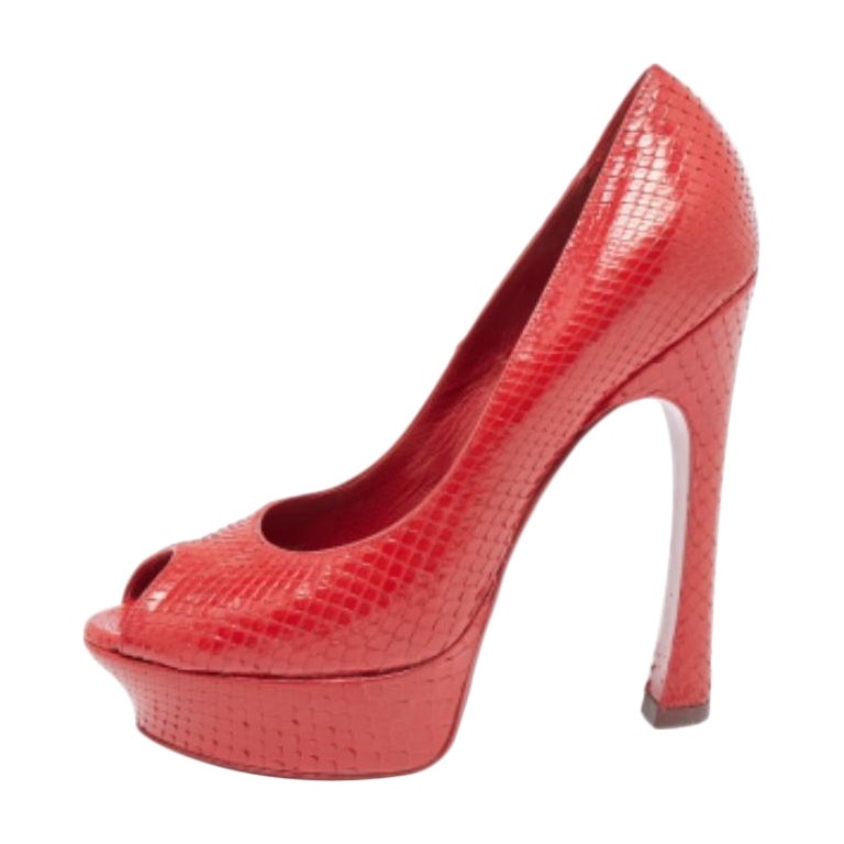 Saint Laurent Red Snakeskin Palais Platform Peep Toe Pumps Size 38 For Sale