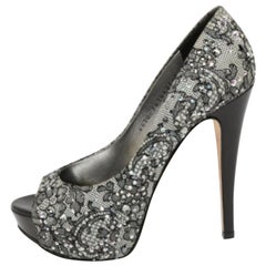 Gina Lace Grey/Black Crystal Embellished Open Peep  Escarpins à plateforme, taille 37