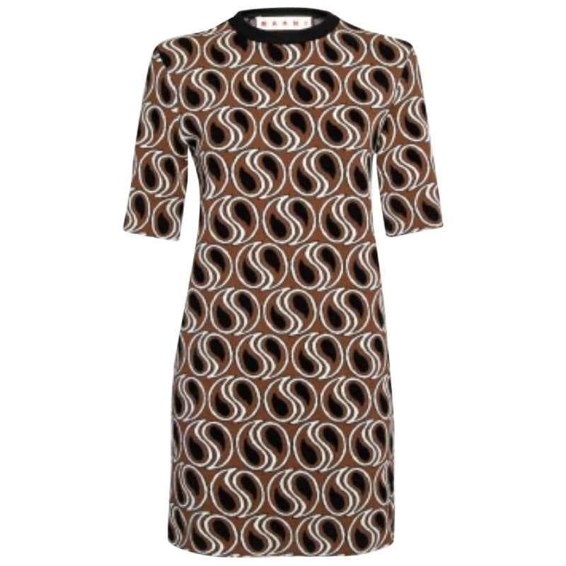 Marni Brown Jacquard Lurex Knit Short Sleeve Dress M For Sale