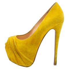 Christian Louboutin Yellow Suede Drapesse Peep-Toe Platform Pumps Size 36.5