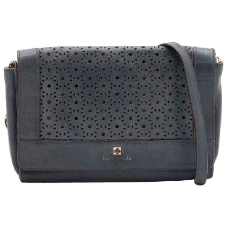 Kate Spade Dark Grey Leather Perforated Flap Shoulder Bag For Sale
