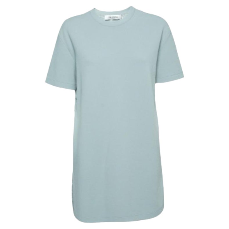 Valentino Powder Blue Knit & Lace Paneled Short Sleeve Dress M For Sale