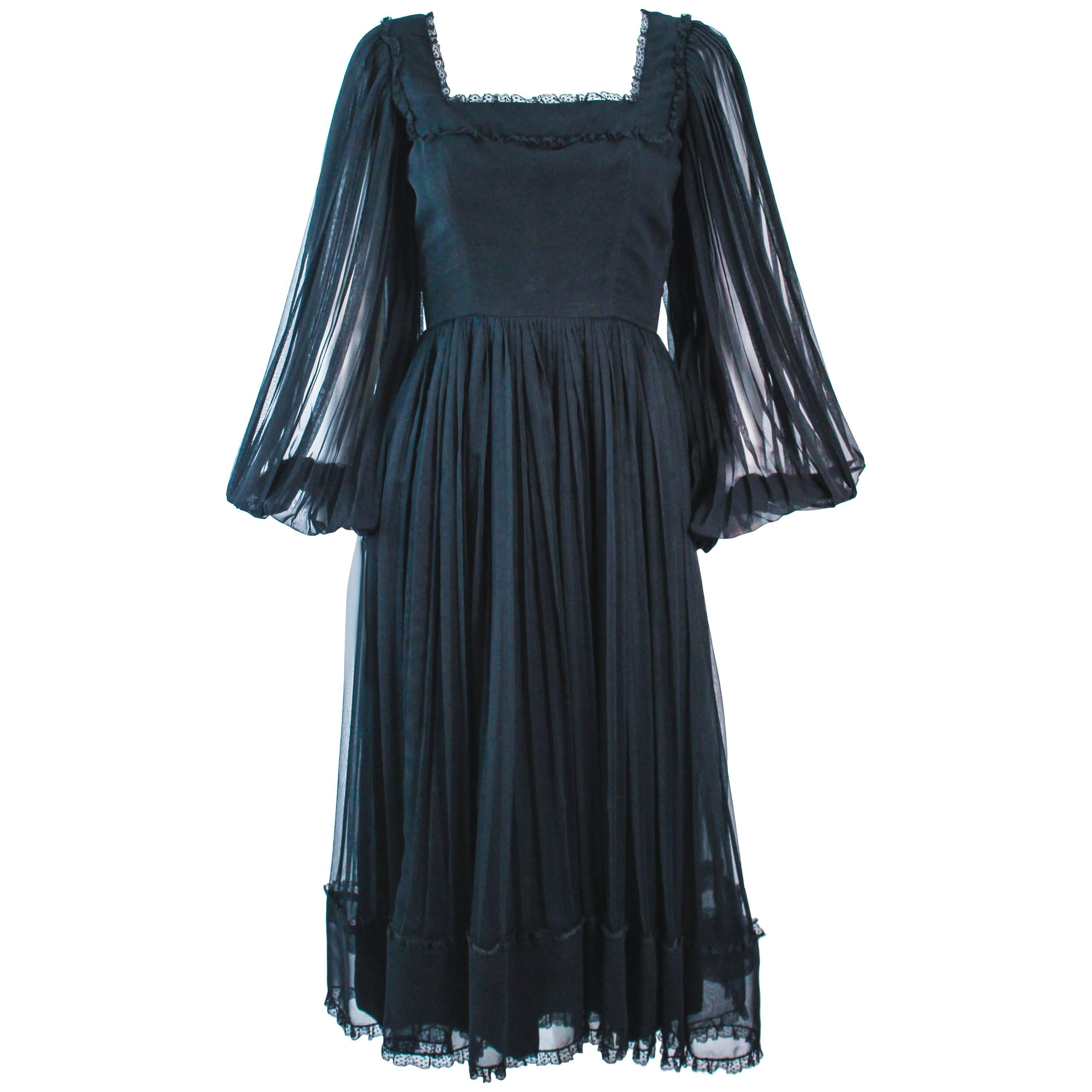 JEAN LOUIS Black Pleated Lace Dress with Sheer Sleeves Size 4 6