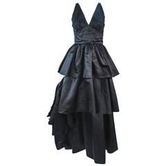 MICHAEL NOVARESE Vintage Black Satin Tiered Gown and Jacket Ensemble Size 4 6