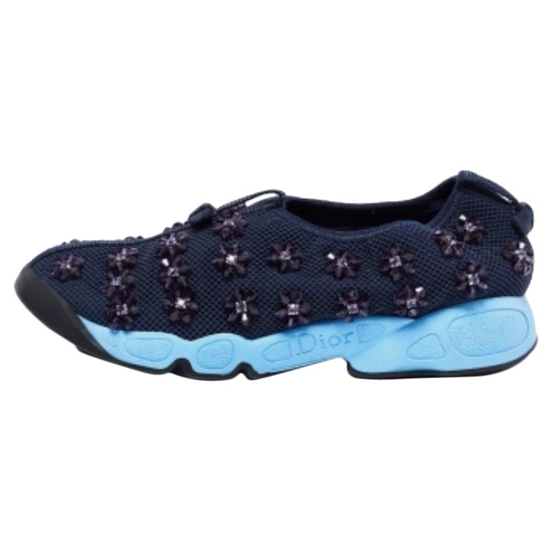 Dior Navy Blue Mesh Fusion Floral Embellished Slip On Sneakers Size 37 For Sale