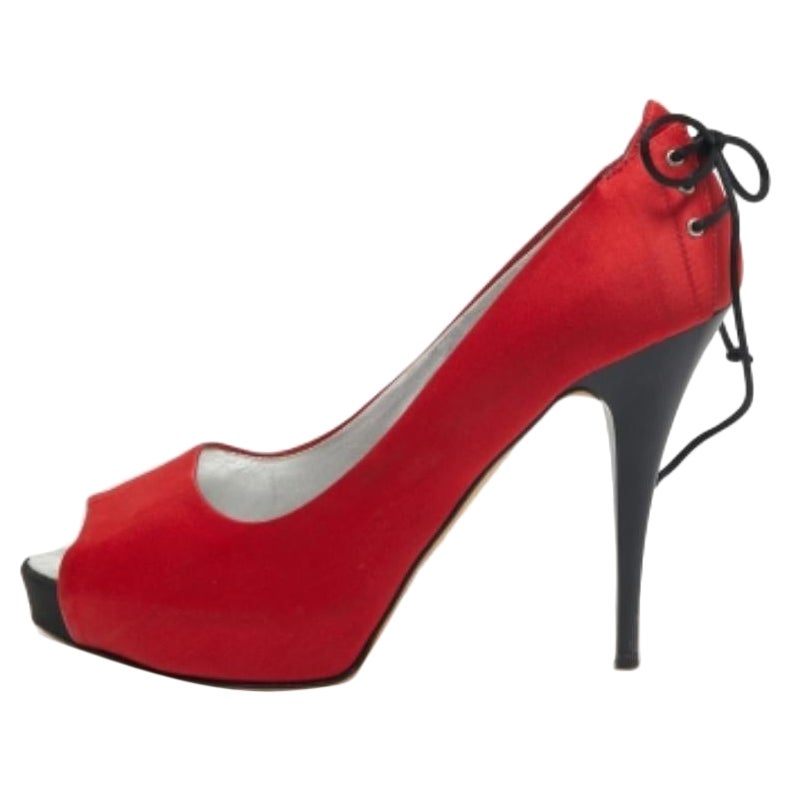 Giuseppe Zanotti Red Satin Peep Toe Platform Pumps Size 37 For Sale