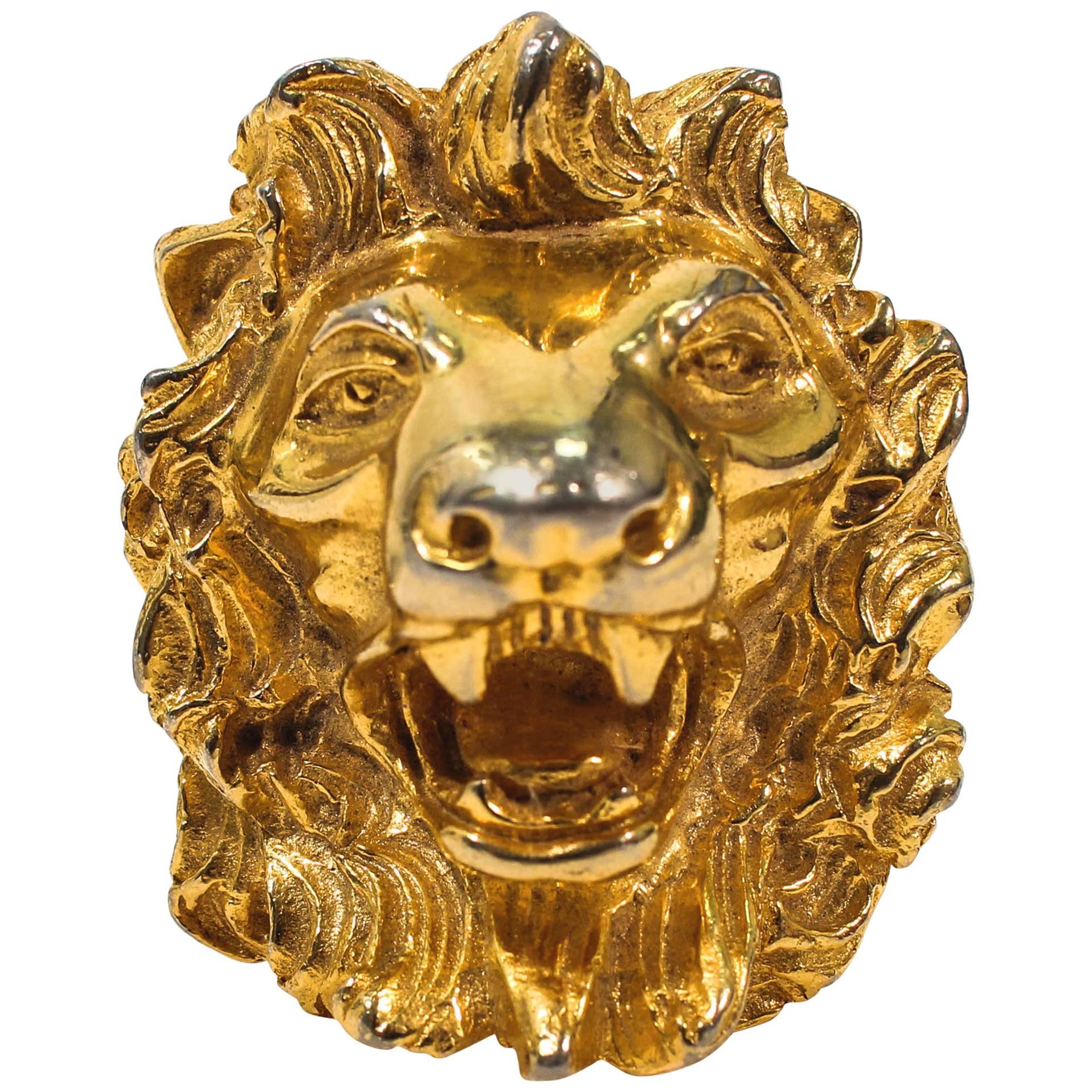 JUDITH LEIBER Broche pendentif vintage en forme de tête de lion, couleur or