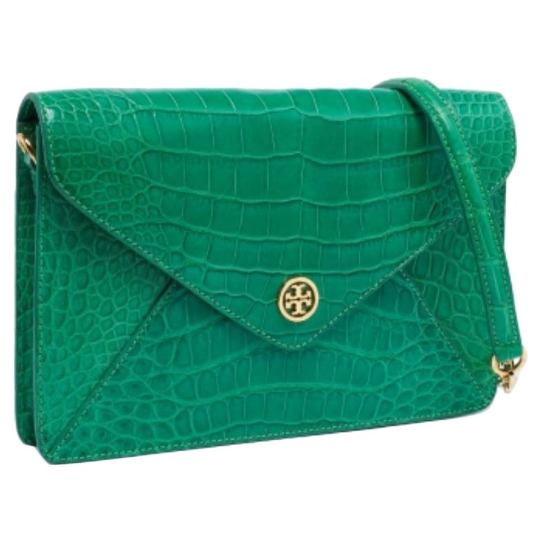 Tory Burch Green Alligator Robinson Envelope Flap Clutch Bag