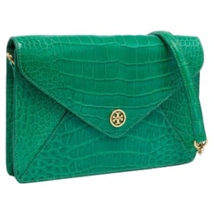 Tory Burch Green Alligator Robinson Envelope Flap Clutch Bag
