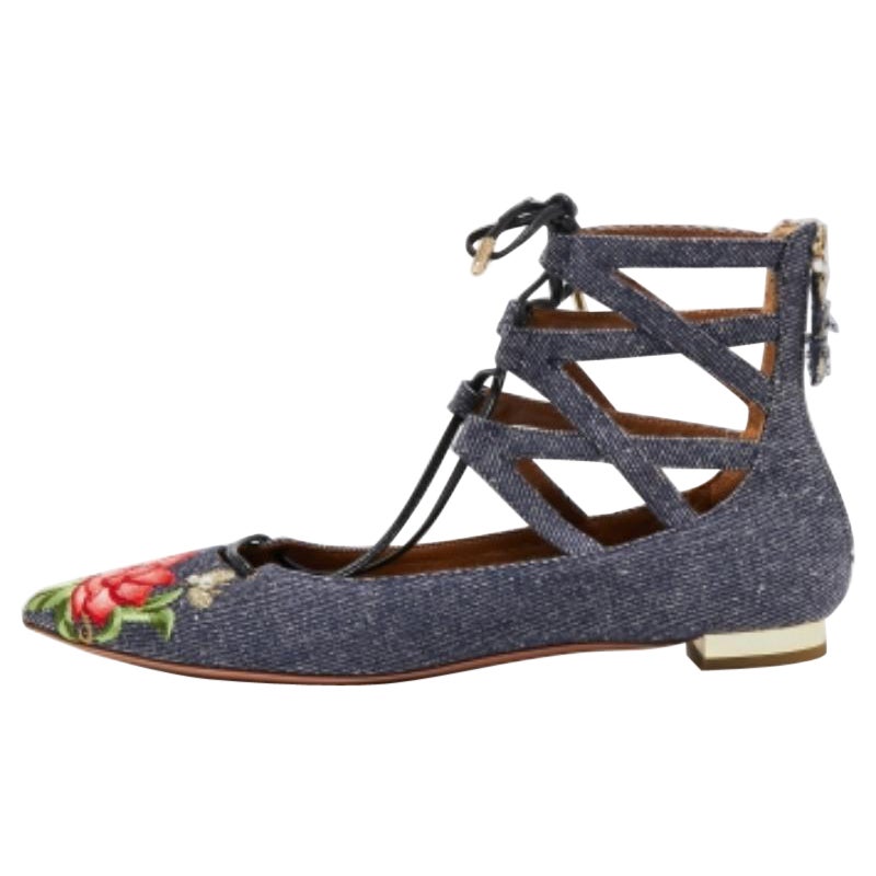 Aquazzura Blue Floral Embroidered Denim Christy Flat Sandals Size 38 For Sale