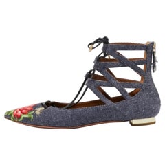 Aquazzura Blue Floral Embroidered Denim Christy Flat Sandals Size 38