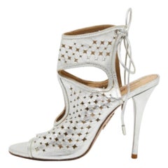 Aquazzura Silver Leather Laser Cut Sexy Thing Ankle Tie Sandals Size 39