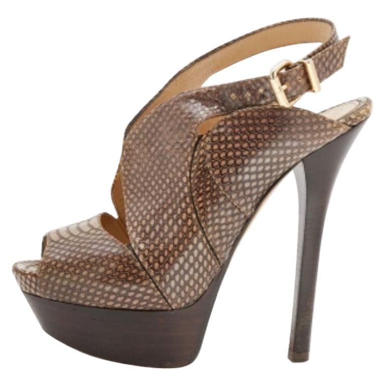 Fendi Sandalias Slingback de Plataforma de Piel Marrón con Pitón en Relieve Talla 38