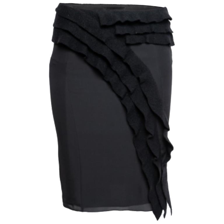 Emporio Armani Black Silk & Wool Ruffle Trimmed Skirt S