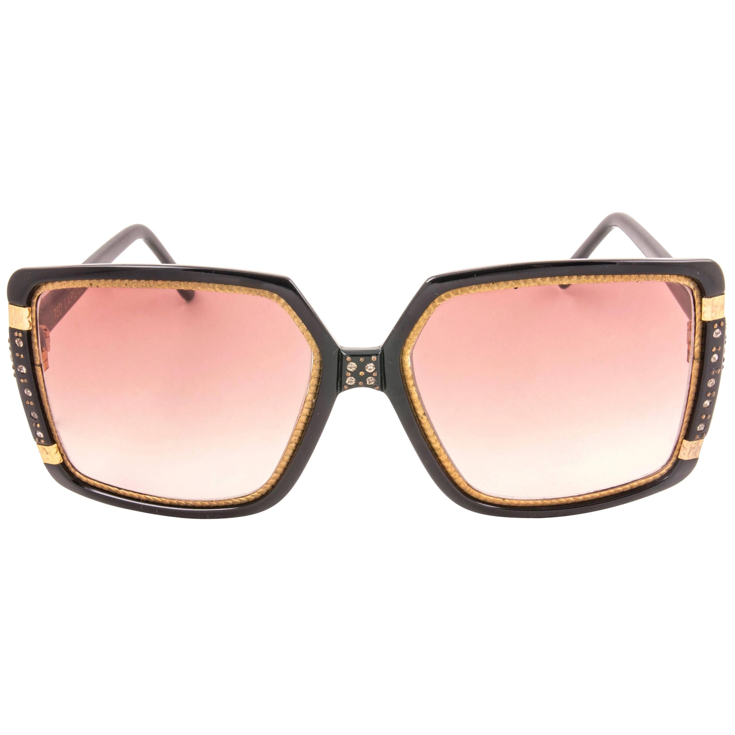 New Vintage Ted Lapidus Paris TL Strass Accents Gold Black 1970 Sunglasses