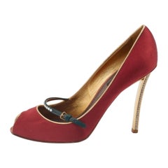 Louis Vuitton Red Satin Crystal Embellished Mary Jane Peep Toe Pumps Size 38.5