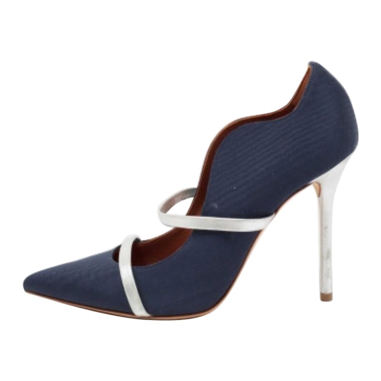 Malone Souliers escarpins Maureen bleu marine/argenté en toile moire et cuir, taille 38 en vente