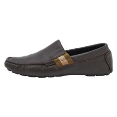 Gucci Dark Brown Leather Web Detail Slip On Loafers Size 40