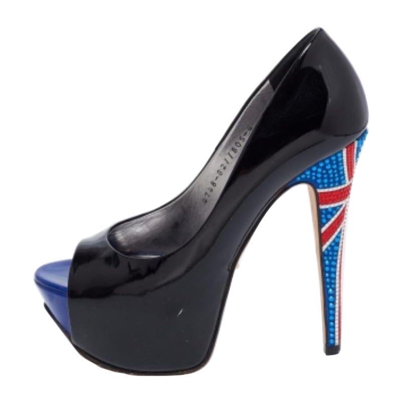 Gina - Escarpins à plateforme peep toes en cuir verni noir avec ornements en cristal - Taille 37 en vente