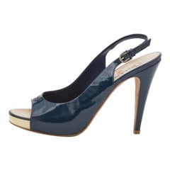 Chanel Navy Blue Patent Leather CC Open Toe Platform Slingback Sandals Size 41.5