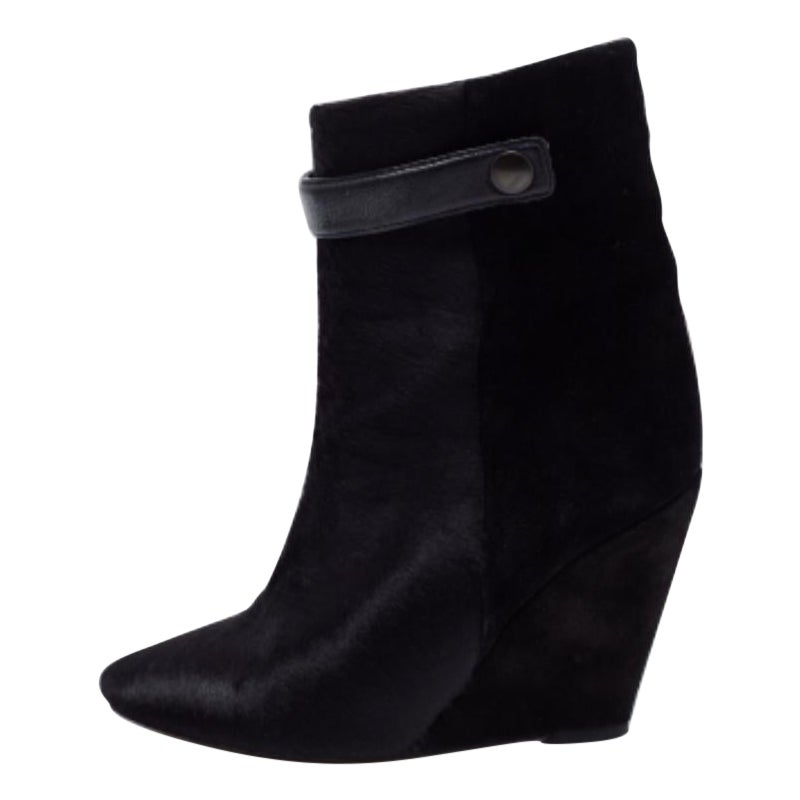 Isabel Marant Black Calf Hair and Suede Wedge Ankle Boots Size 36 For Sale