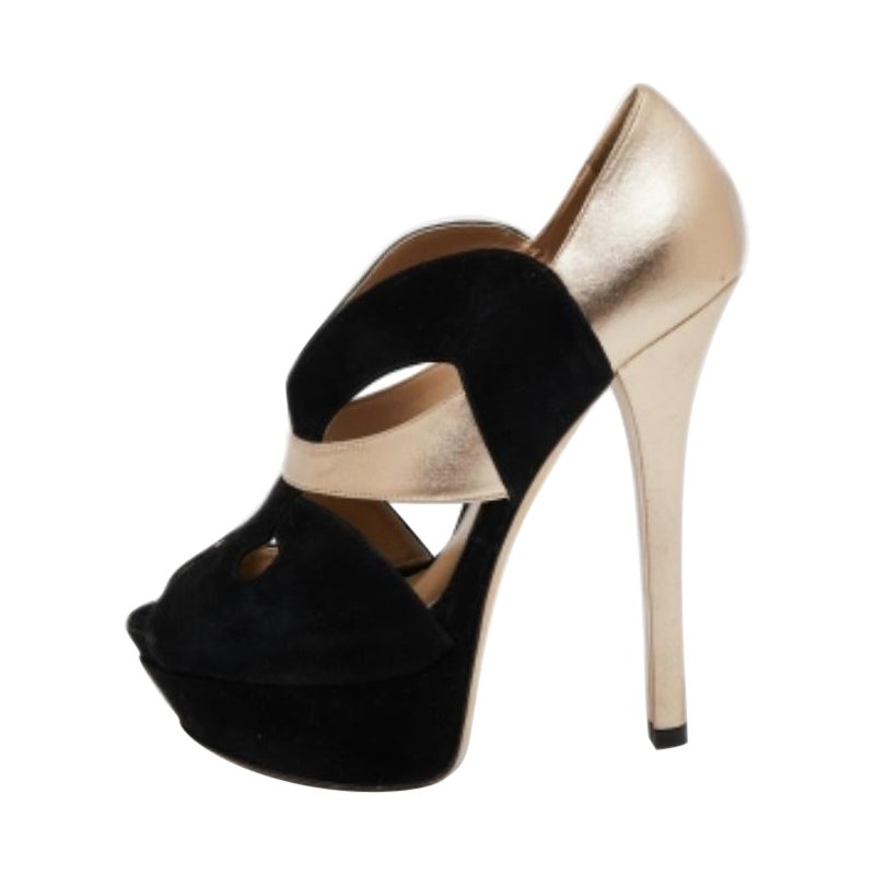 Fendi - Escarpins à plateforme en cuir/suède noir/doré - Taille 37