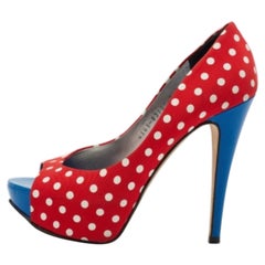Gina Red/Blue Polka Dot Print Canvas Peep Toe Platform Pumps Size 38