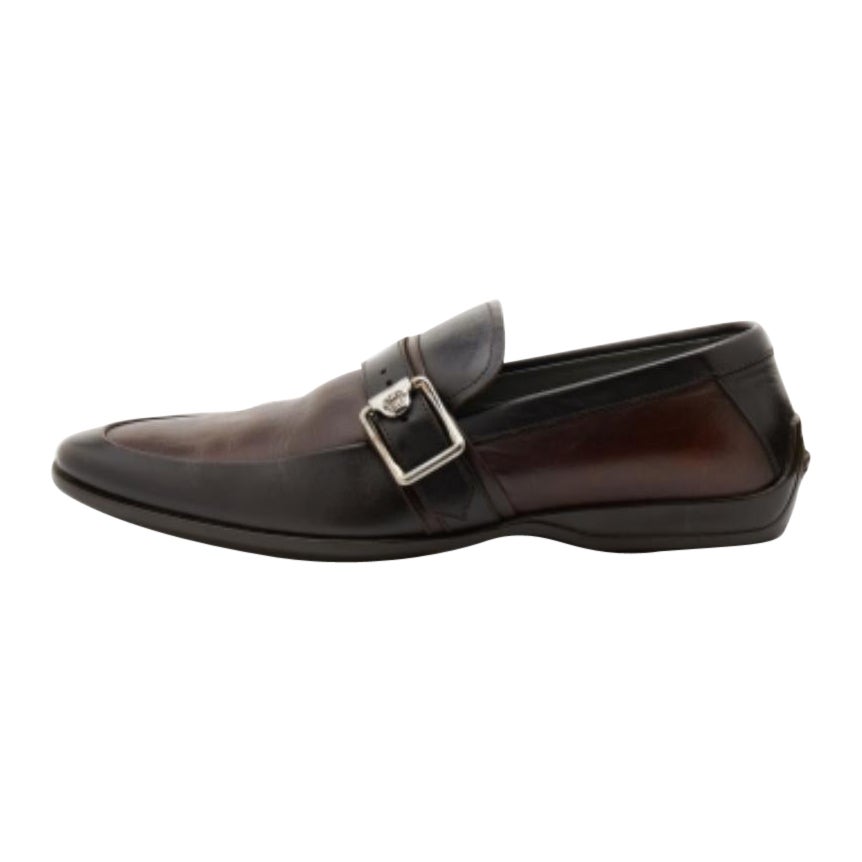 Versace Brown Two Tone Leather Buckle Detail Slip On Loafers Size 41 For Sale