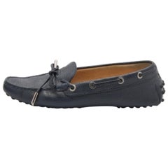 Tod's Navy Blue Lizard Embossed Leather Bow Slip On Loafers Size 36