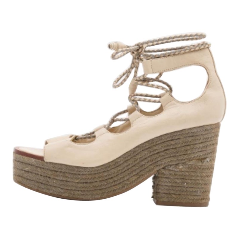 Tory Burch Beige Leather Positano Wedge Espadrille Ankle Wrap Pumps Size 39