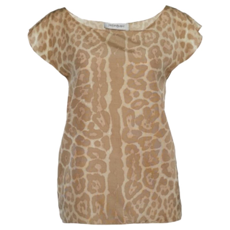 Yves Saint Laurent Blusa de seda con estampado de leopardo beige M