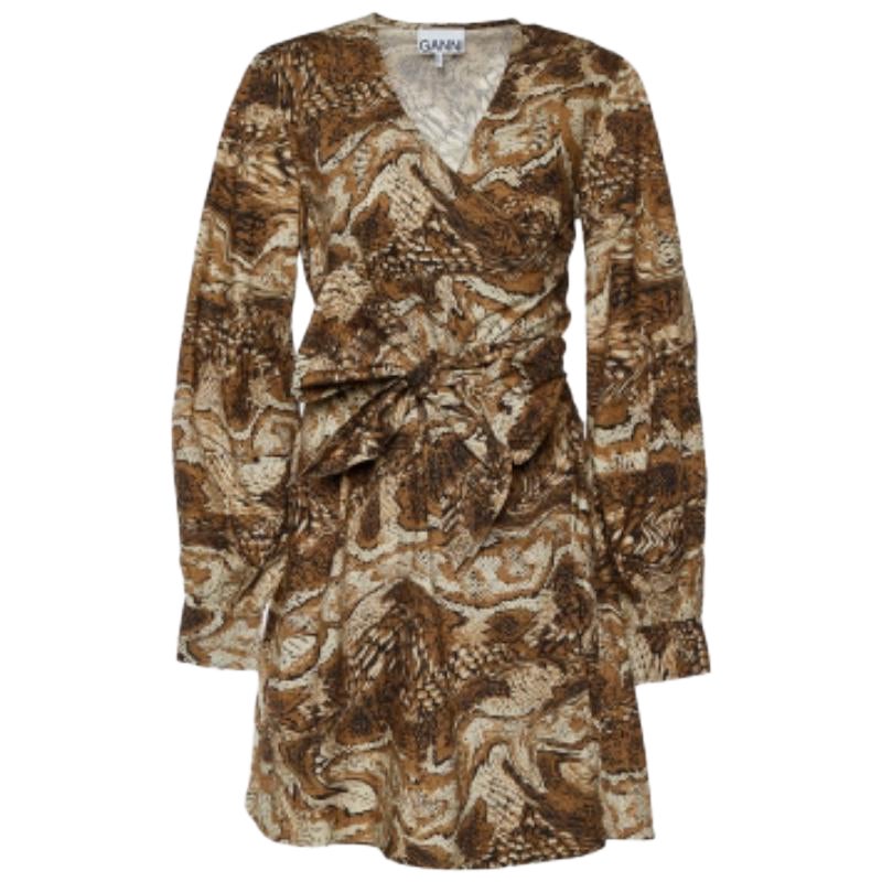 Ganni Brown Abstrakter Druck Popeline Wickelkleid S