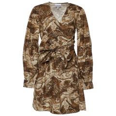 Ganni Brown Abstrakter Druck Popeline Wickelkleid S