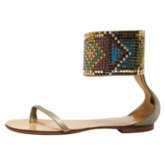 Giuseppe Zanotti Green Leather Embellished Ankle Wrap Flat Sandals Size 38.5