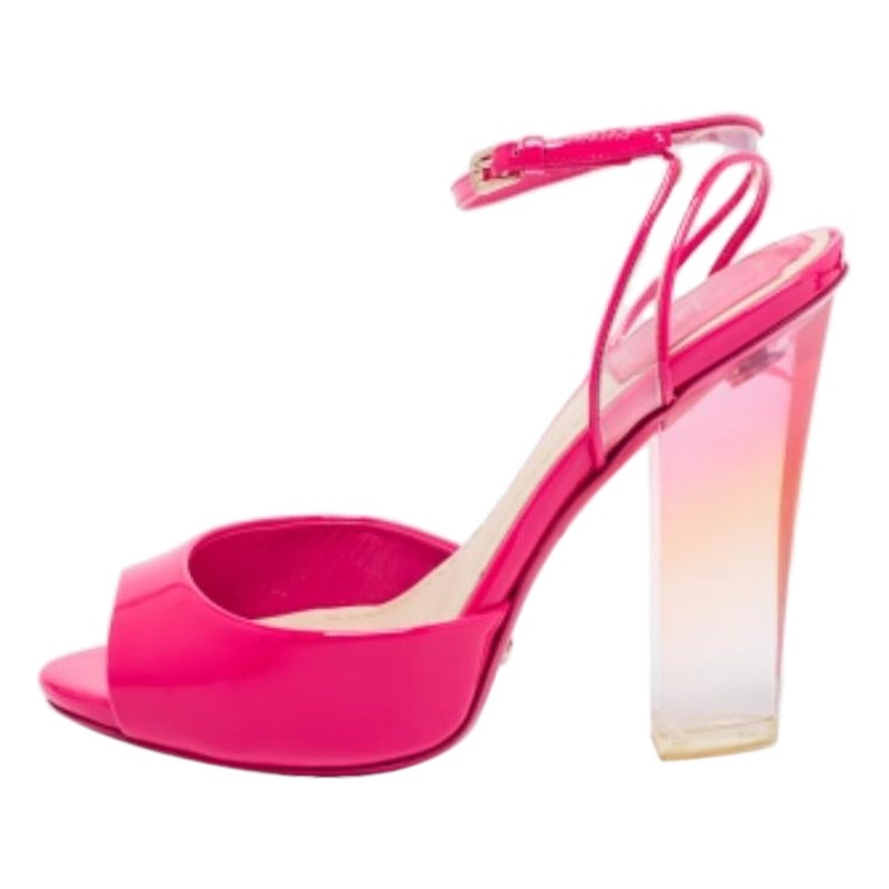 Dior Pink Patent Leather and PVC Clear Block Heels Ankle-Strap Sandals Size 35 For Sale