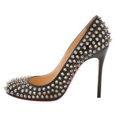 Christian Louboutin Black Leather Fifi Spike Round Toe Pumps Size 37