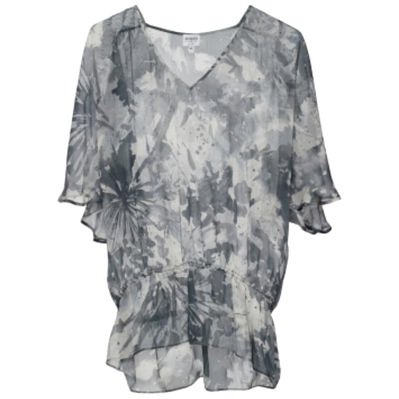 Armani Collezioni Graue durchsichtige Seidenbluse mit abstraktem Druck M