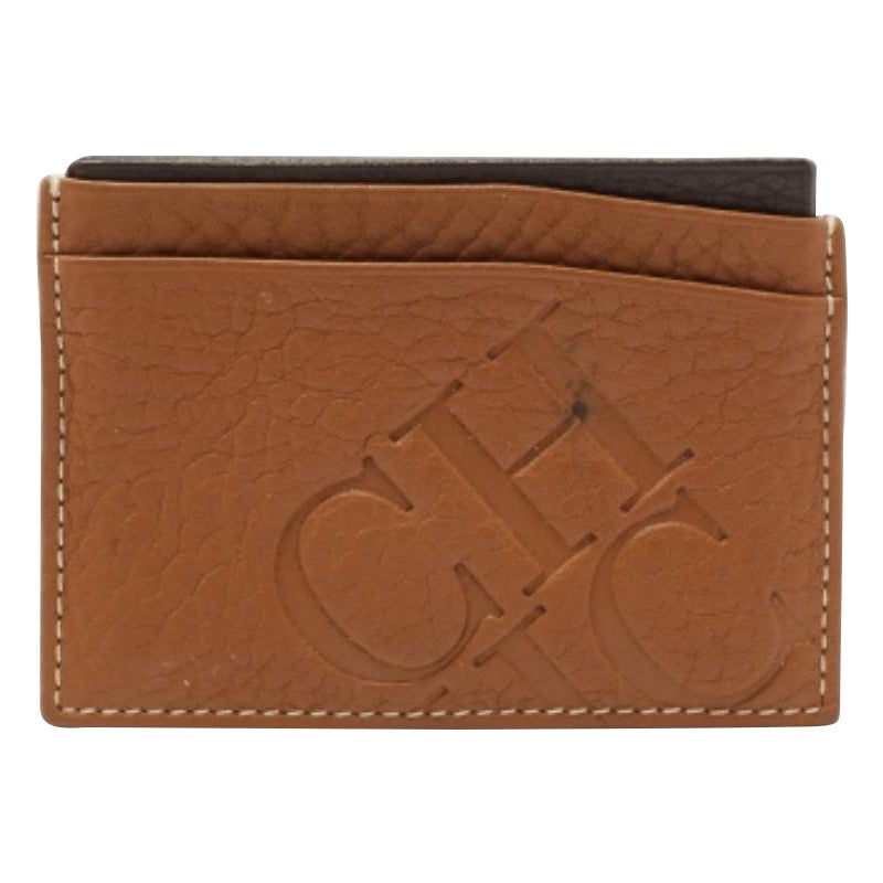 CH Carolina Herrera Tan Monogram Embossed Leather Card Holder For Sale