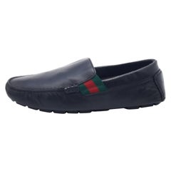 Gucci Dark Blue Leather Web Slip On Loafers Size 41.5