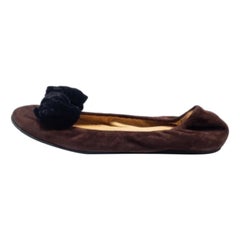 Lanvin Brown Suede Leather Bow Scrunch Ballet Flats Size 38