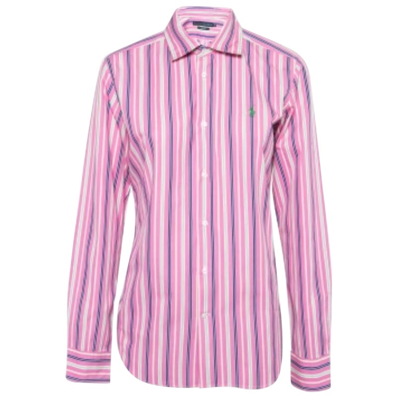 Ralph Lauren - Camicia in cotone a righe rosa con bottoni sul davanti L.L.A.