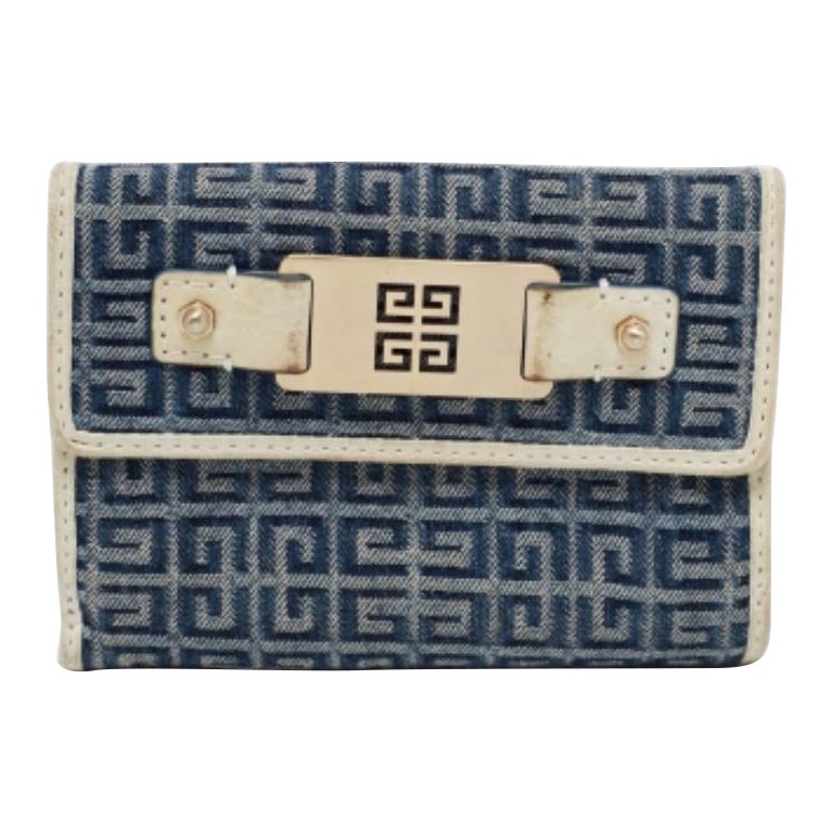Portafoglio compatto in tela e pelle con patta metallica Givenchy blu/crema Monogram
