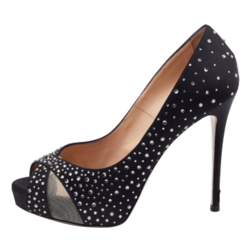 Valentino escarpins à plateforme embellis de cristaux en satin et maille noire, taille 37,5 en vente