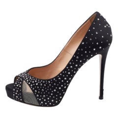 Valentino escarpins à plateforme embellis de cristaux en satin et maille noire, taille 37,5