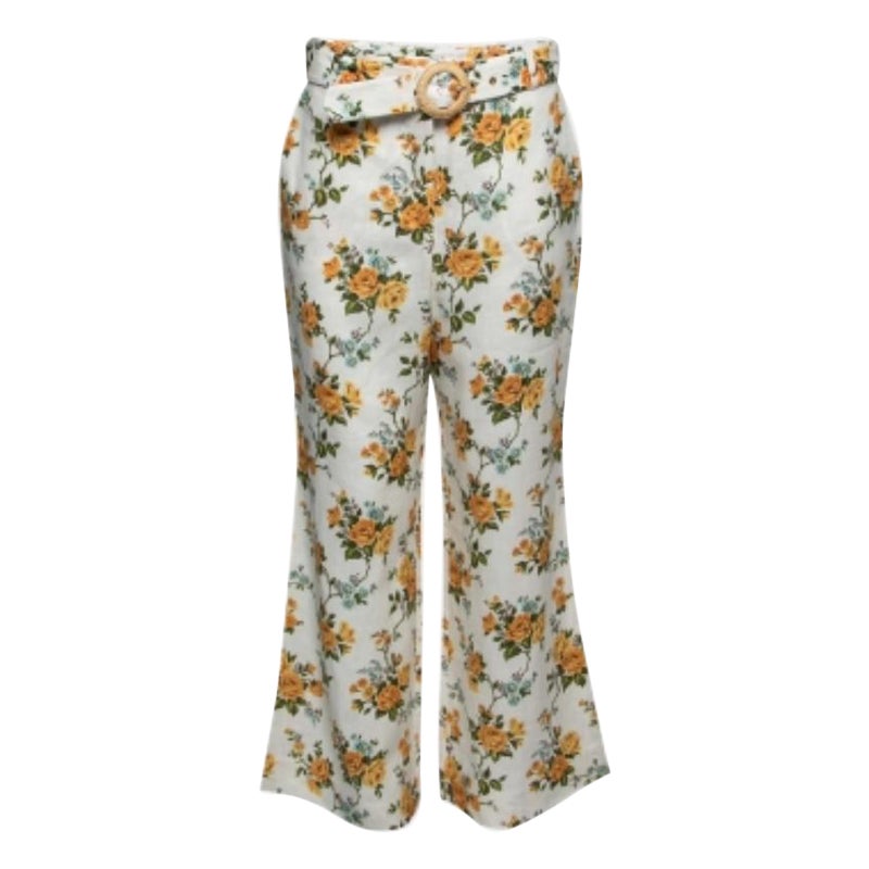 Zimmermann Weiße, floral bedruckte, gerade Hose aus Leinen mit Gürtel, M im Angebot