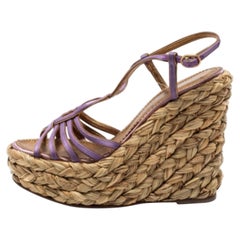Yves Saint Laurent Purple Satin Woven Straw Platform Wedge Sandals Size 35