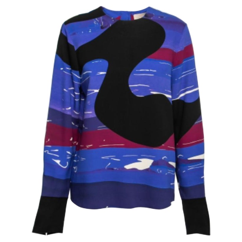 Roksanda Blue Graphic Printed Silk-Crepe Blouse M For Sale