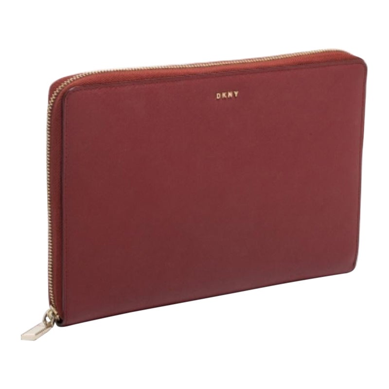 DKNY Red Leather Large Bryant Zip Around Clutch For Sale